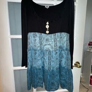 Ivy Jane Cotton Tunic Shirt Dress Black blue Boho Size L flowers ruffle pleated